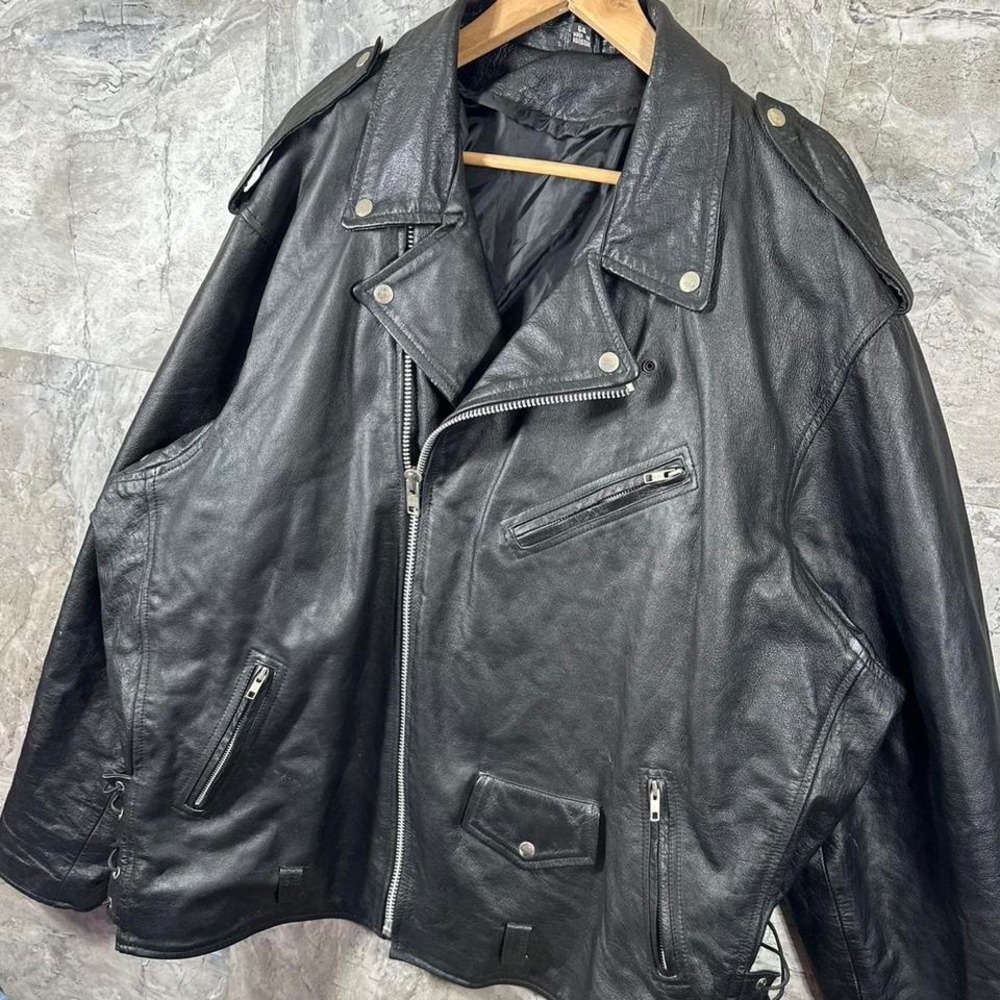 Black genuine leather biker jacket with adjustable waist sleeves Woman's 3XL - Picture 2 of 8